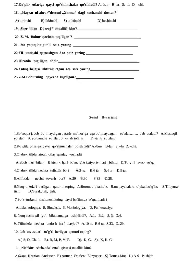 Ona tila va adabiyot 5-sinf I-variant 2