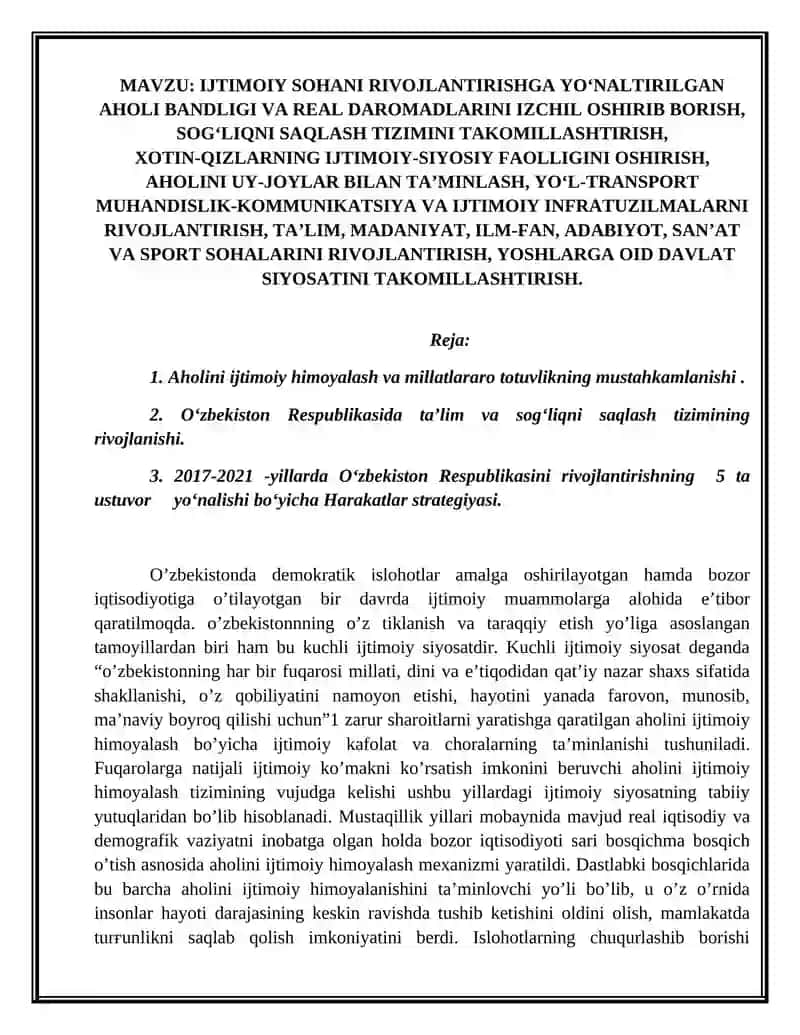 IJTIMOIY SOHANI RIVOJLANTIRISHGA YO‘NALTIRILGAN AHOLI BANDLIGI VA REAL DAROMADLARINI IZCHIL OSHIRIB BORISH, SOG‘LIQNI SAQLASH TIZIMINI TAKOMILLASHTIRISH, 2