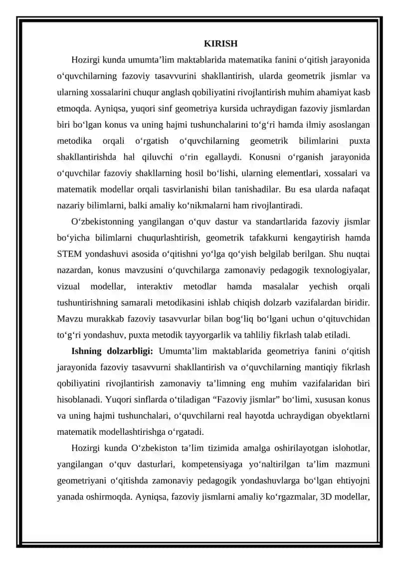 Yuqori sinf geometriya kursida konus va uning hajmi mavzusini o'qitish metodikasi 2