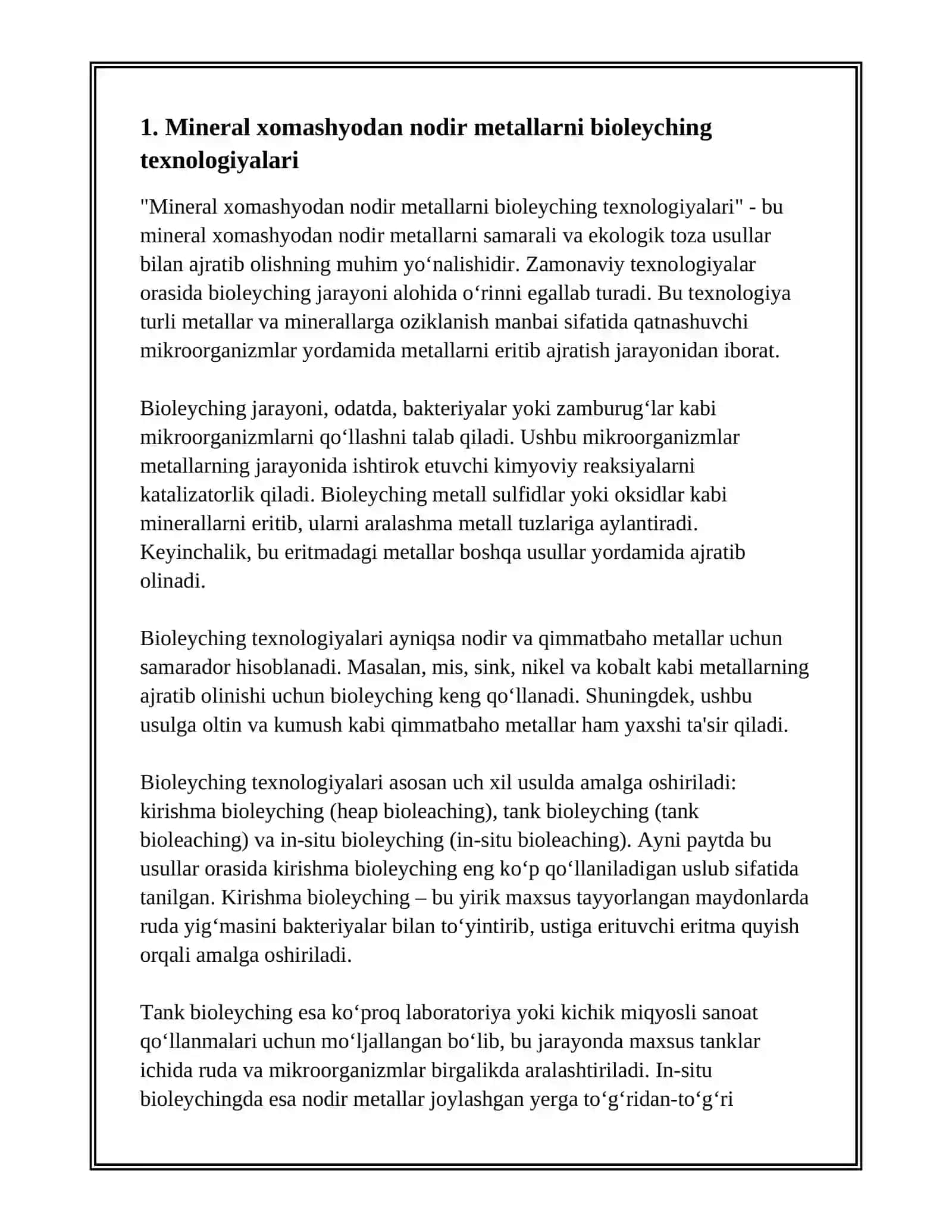 Mineral xomashyodan nodir metallarni bioleyching texnologiyalari 2