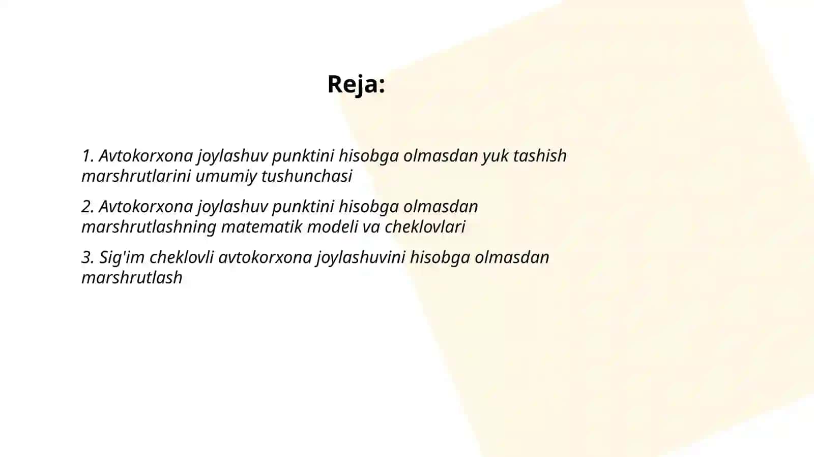 Avtokorxona joylashuv punktini hisobga olmagan holda yuk tashish marshrutlarni tuzish 2