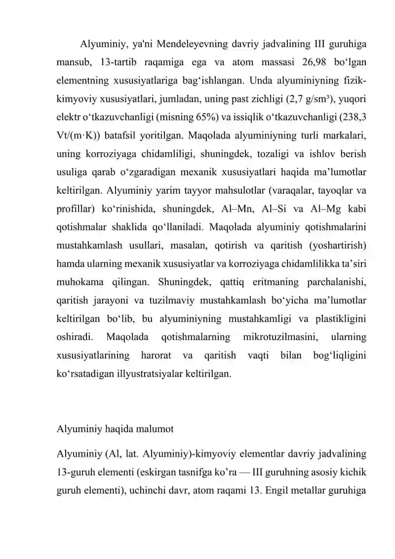 Alyuminiy – hususiyatlari va uning qo‘llanish sohalari 2