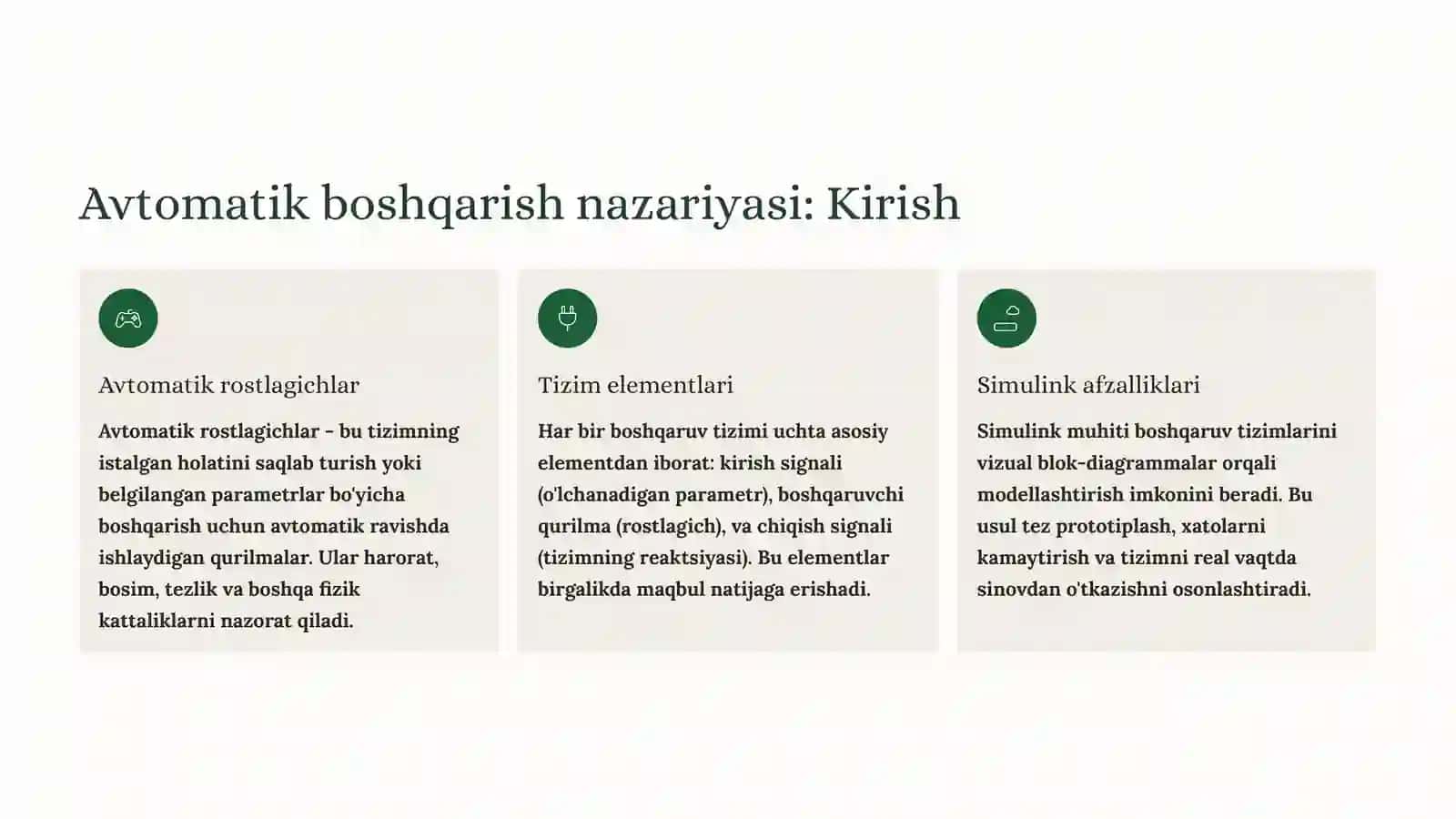 Avtomatik Rostlagichlar uchun Simulink Modelini Yaratish 2