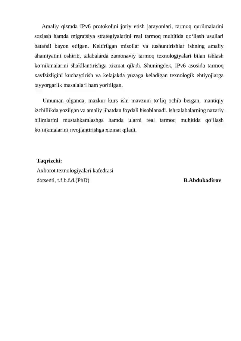 "IPv6 protokolining IPv4 dan afzalliklari va migratsiya strategiyalari" kurs ishi 2