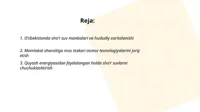 Oʻzbekistonda shoʻr suvlarni chuchuklashtirish gʻoyasini yaratish 2