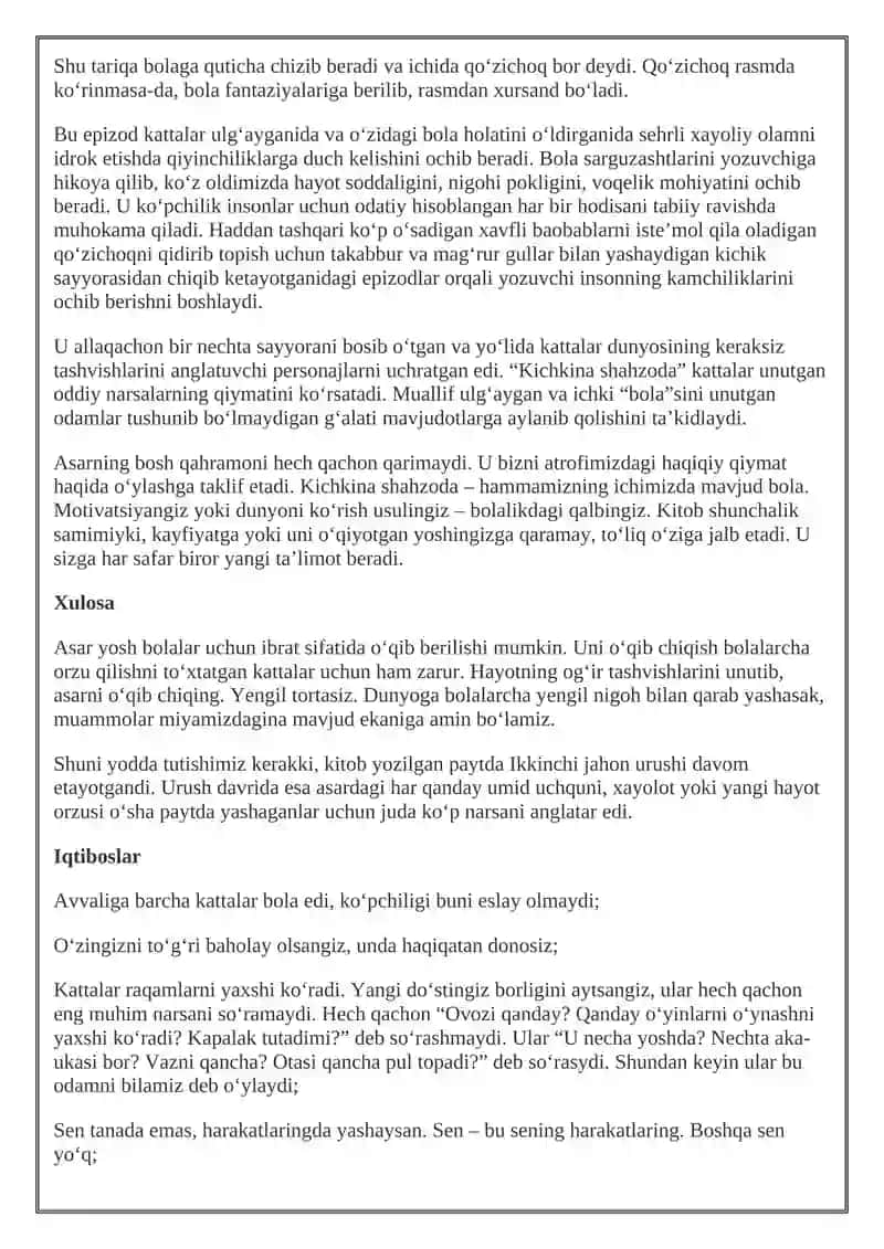 Antuan de Sent-Ekzyuperi (Kichkina shahzoda) asari tahlili 2