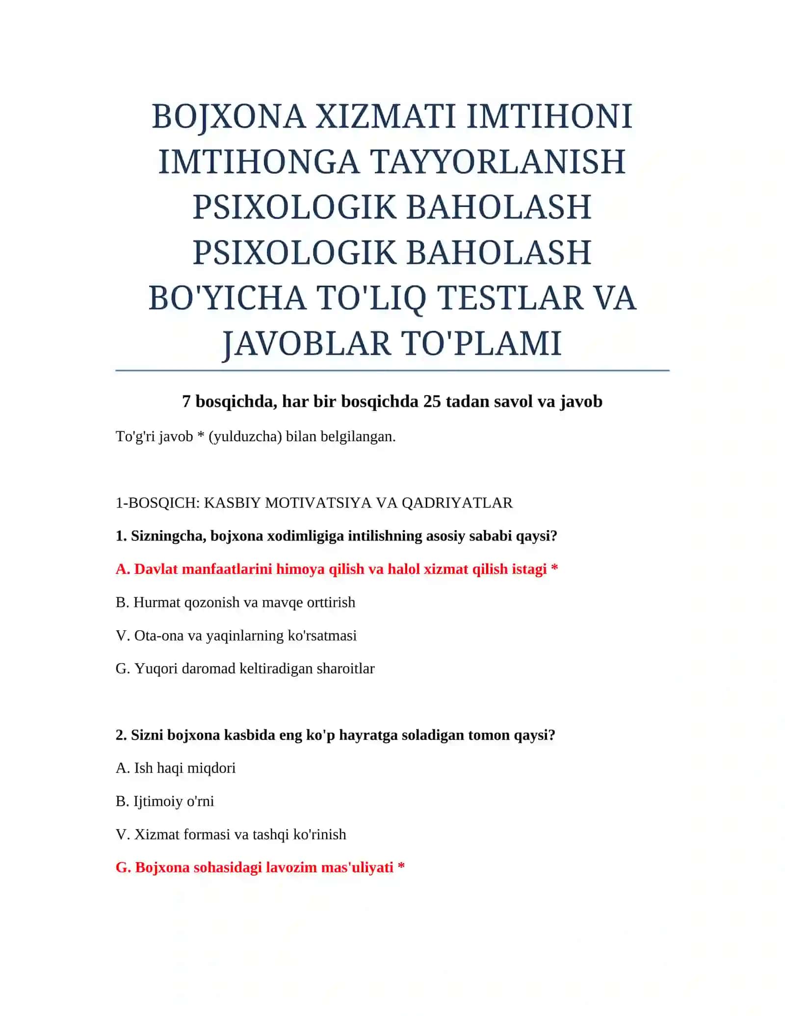 PSIXOLOGIK BAHOLASH BO'YICHA TO'LIQ TESTLAR VA JAVOBLAR TO'PLAMI 2