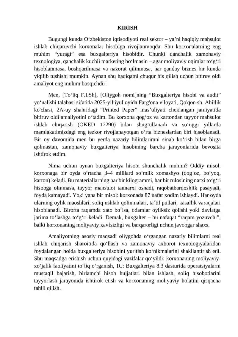 Ishlab chiqarishda Amaliyot hisoboti 2