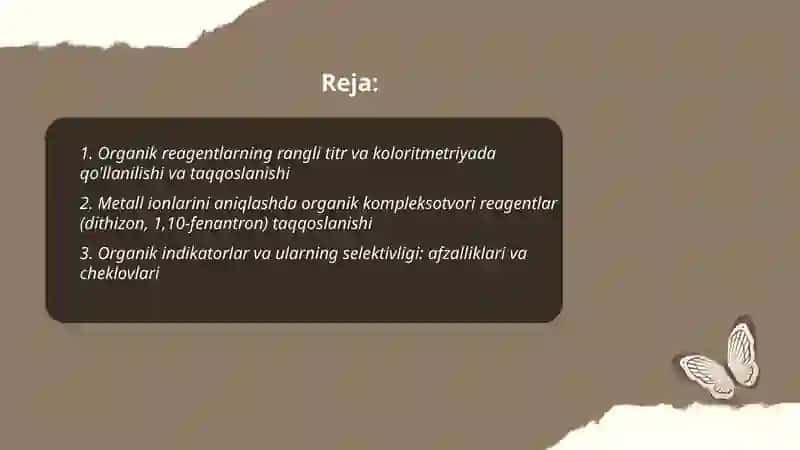 Analitik kimyoda organik reagentlarning qo'llanilishi va taqqoslash 2