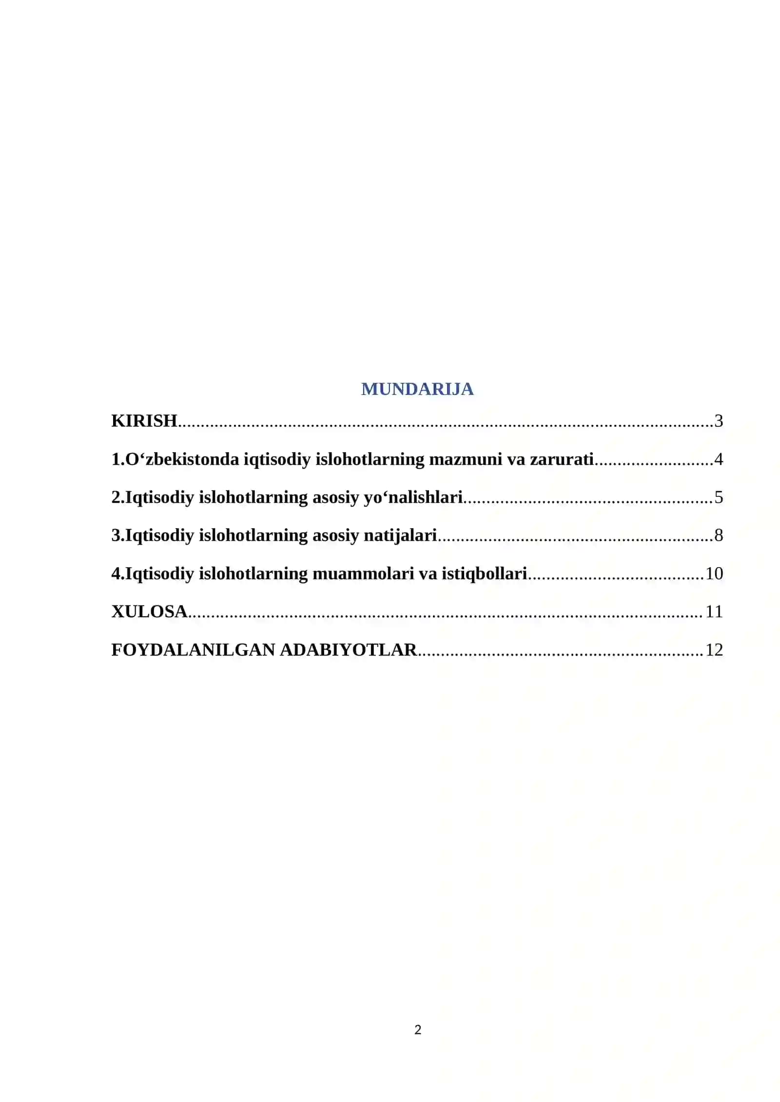 Mavzu: O‘zbekistonda iqtisodiy islohotlarning asosiy yo‘nalishlari va ularning natijalari 2