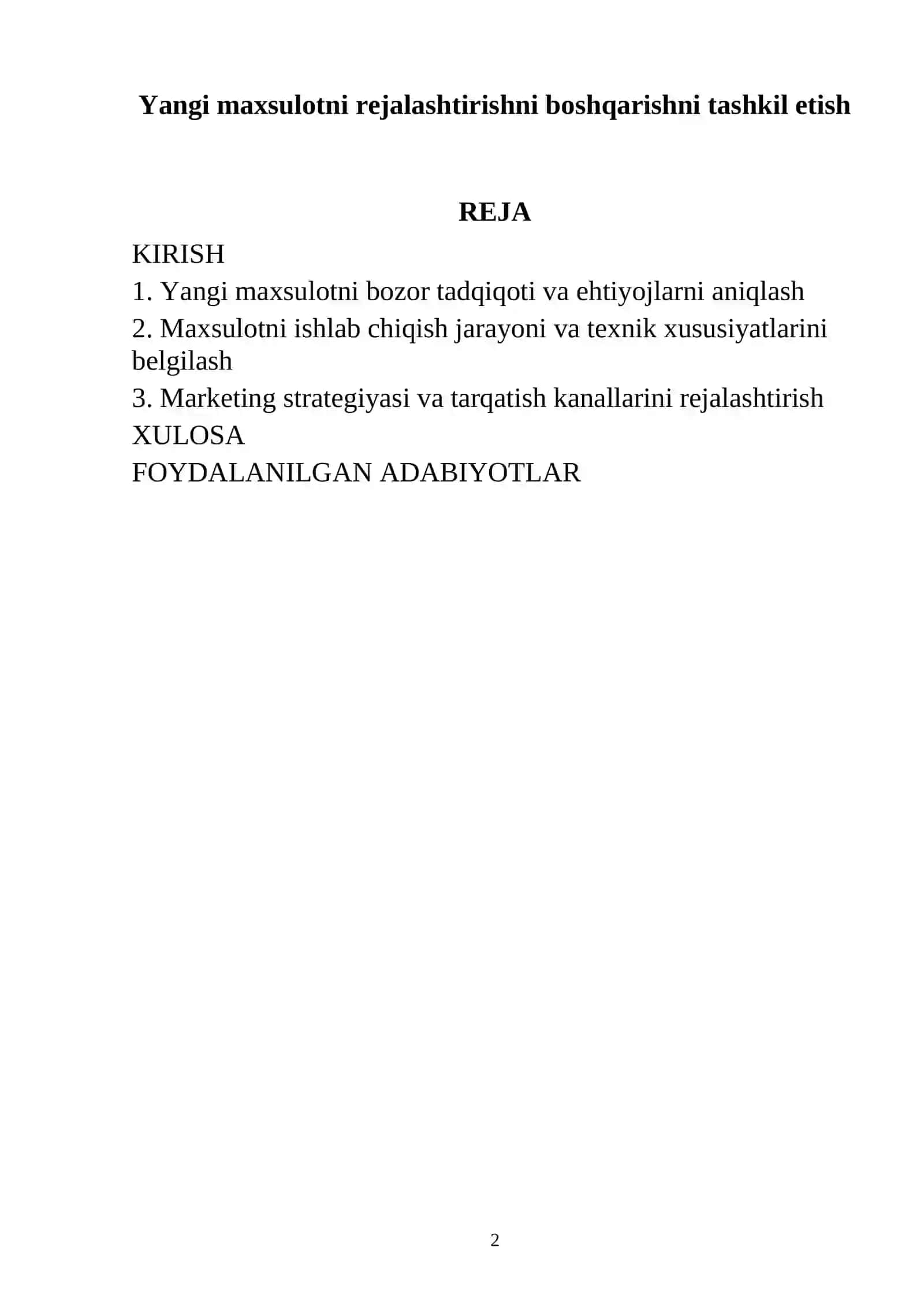 Yangi maxsulotni rejalashtirishni boshqarishni tashkil etish 2