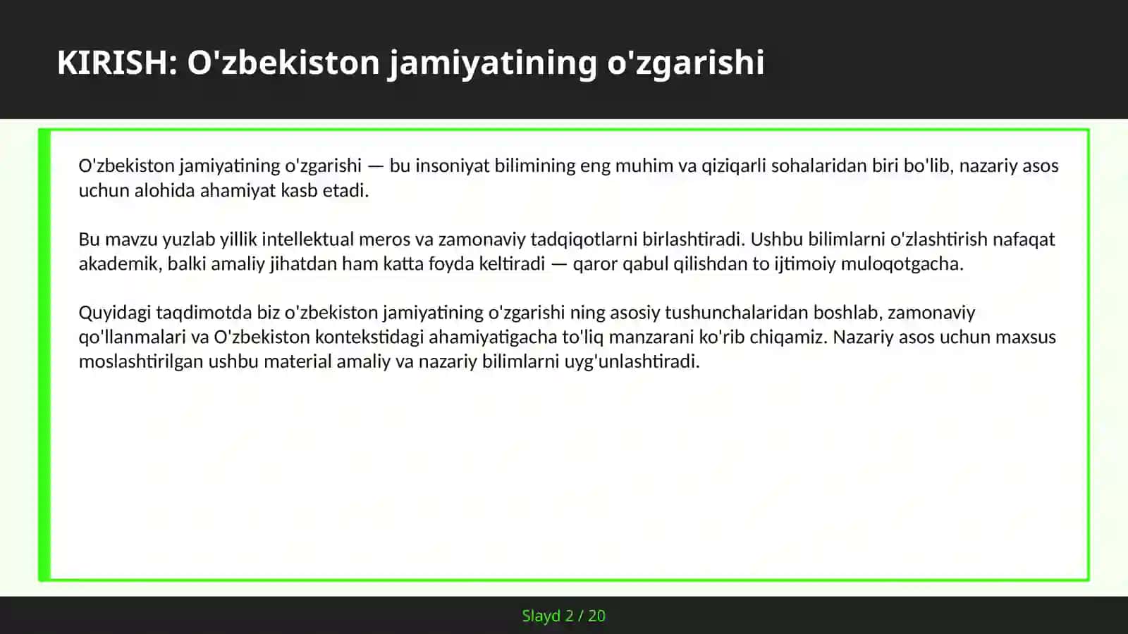 O'zbekiston jamiyatining o'zgarishi 2