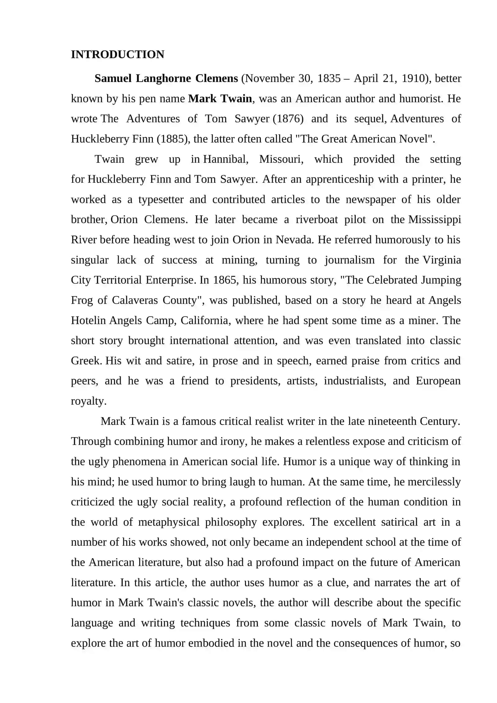 Mark Twain's Novels Analysis Course 2