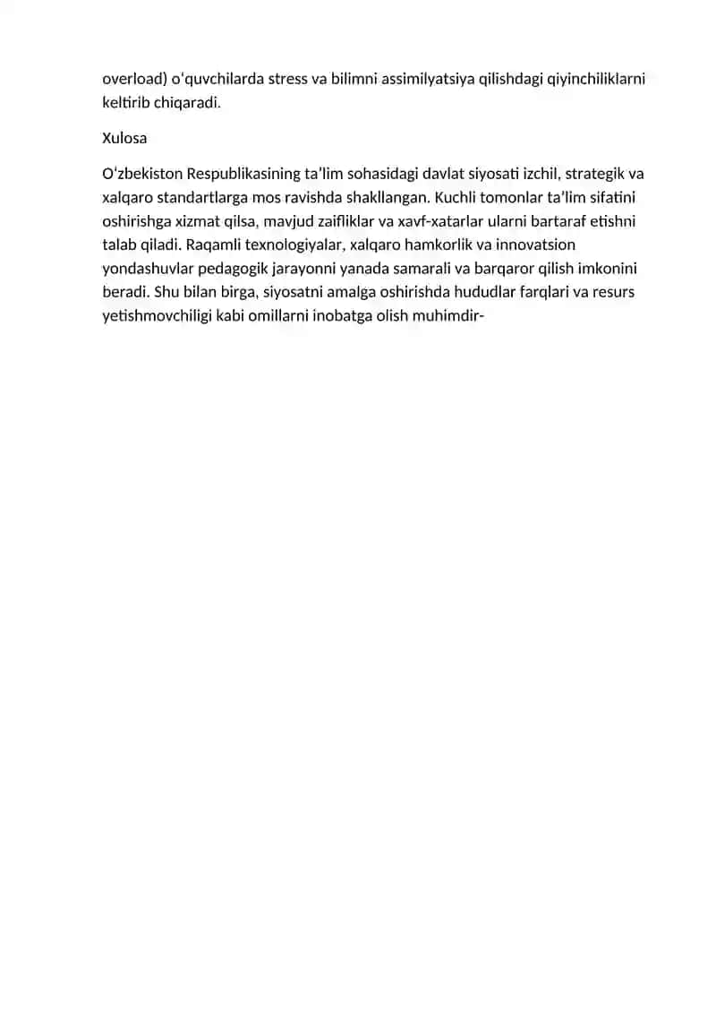 O‘zbekiston Respublikasining ta’lim sohasidagi davlat siyosati: SWOT tahlil 2