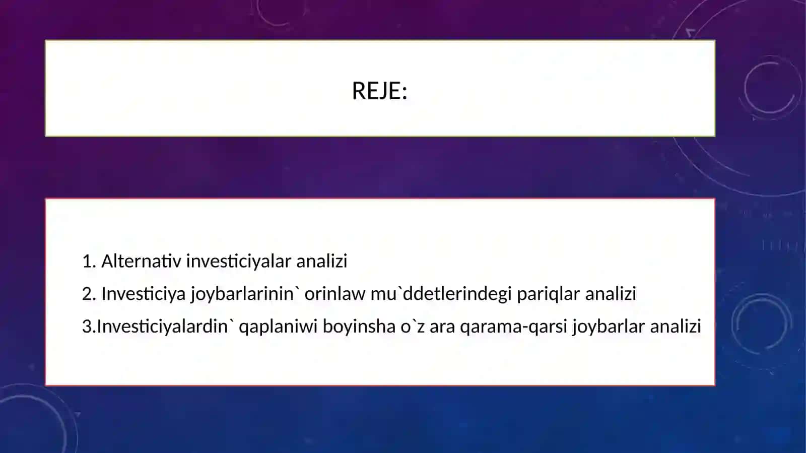 Investiciya joybarlari analizi 2
