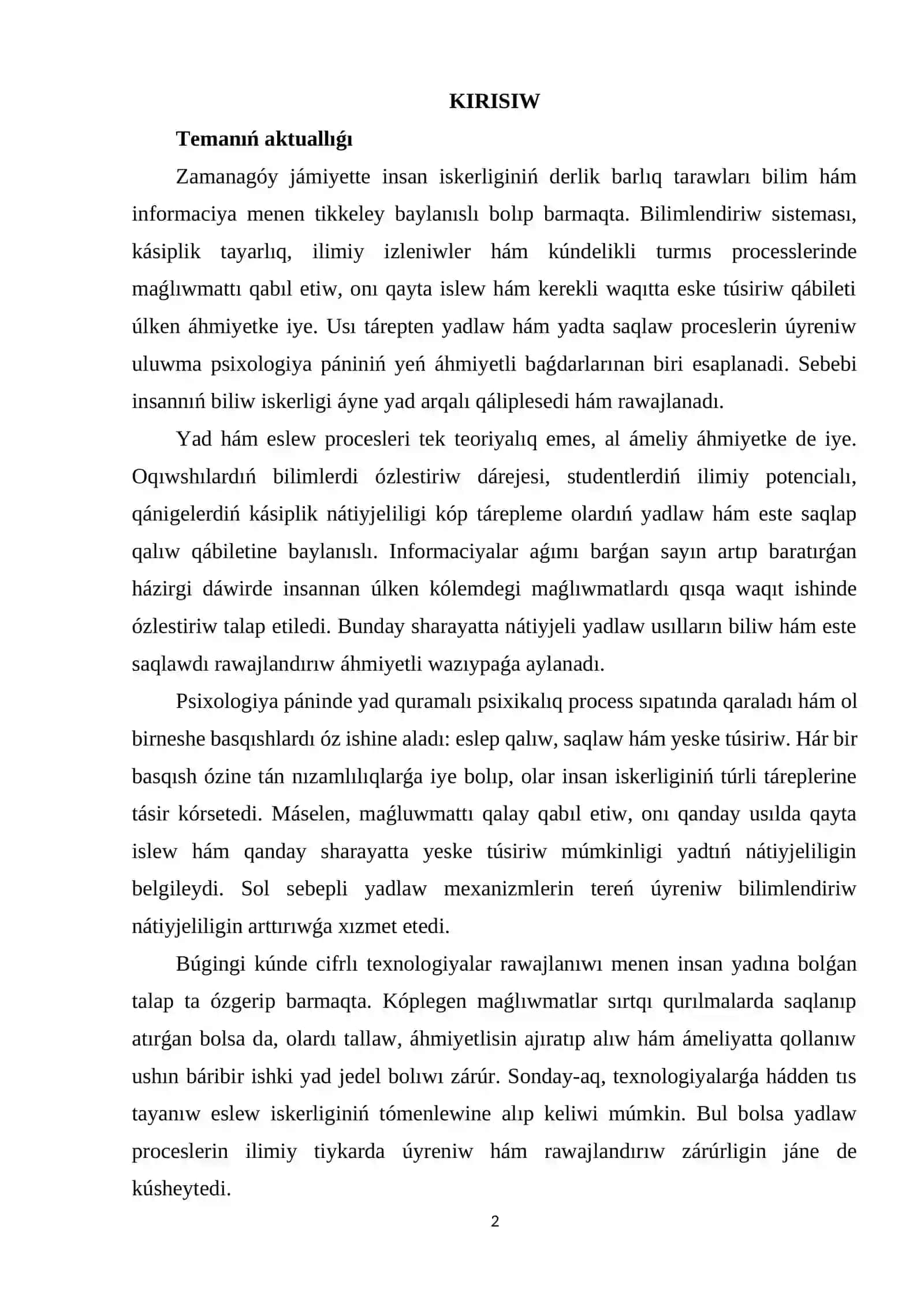 YAD HÁM ESLEW PROCESLERINIŃ PSIXOLOGIYALIQ TIYKARLARI 2