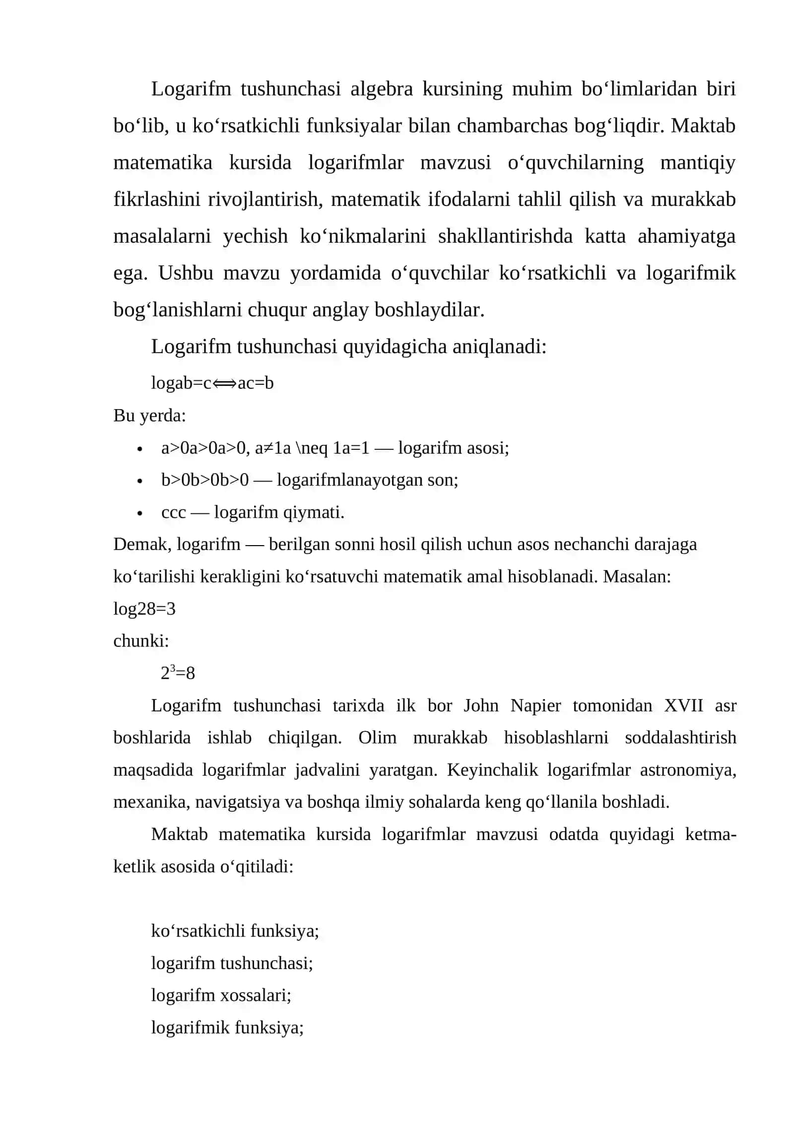 MAKTAB MATEMATIKA KURSIDA LOGARIFM MAVZULARNI OʻQITISH METODI VA UNI TATBIQLARI 2
