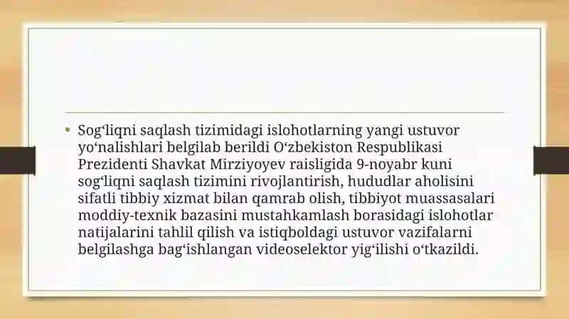 Sog'liqni saqlash sohasidagi islohotlarning yangi ustuvoryo'nalishlari 2