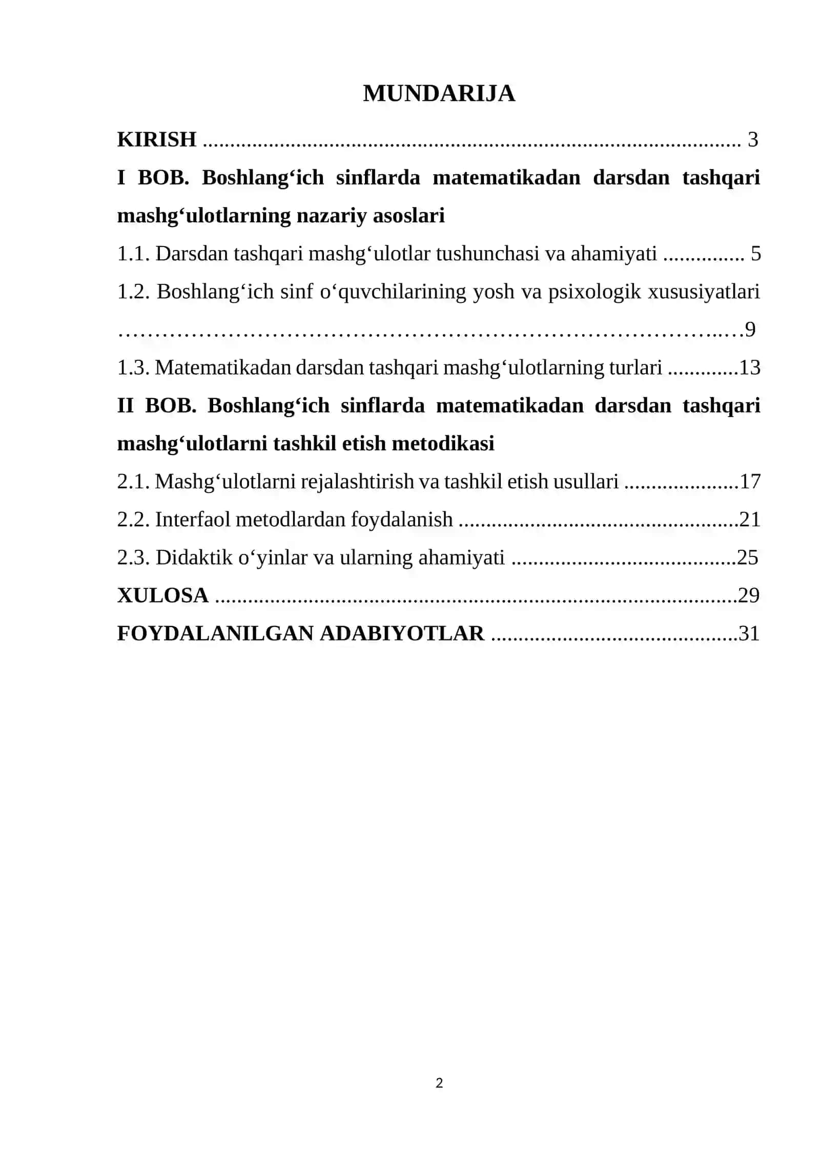 Boshlang‘ich sinflarda matematikadan darsdan tashqari mashg‘ulotlarni tashkil etish metodikasi 2