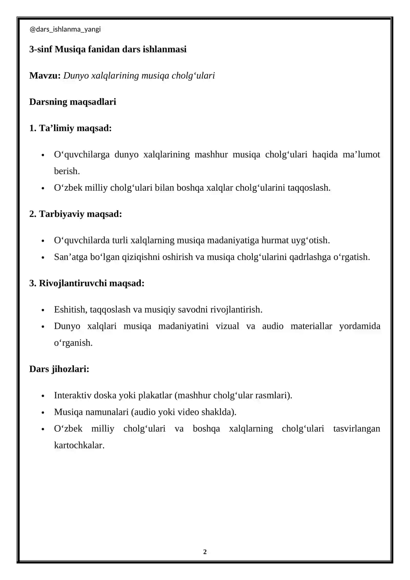 3-sinf Musiqa fanidan dars ishlanmasi 2