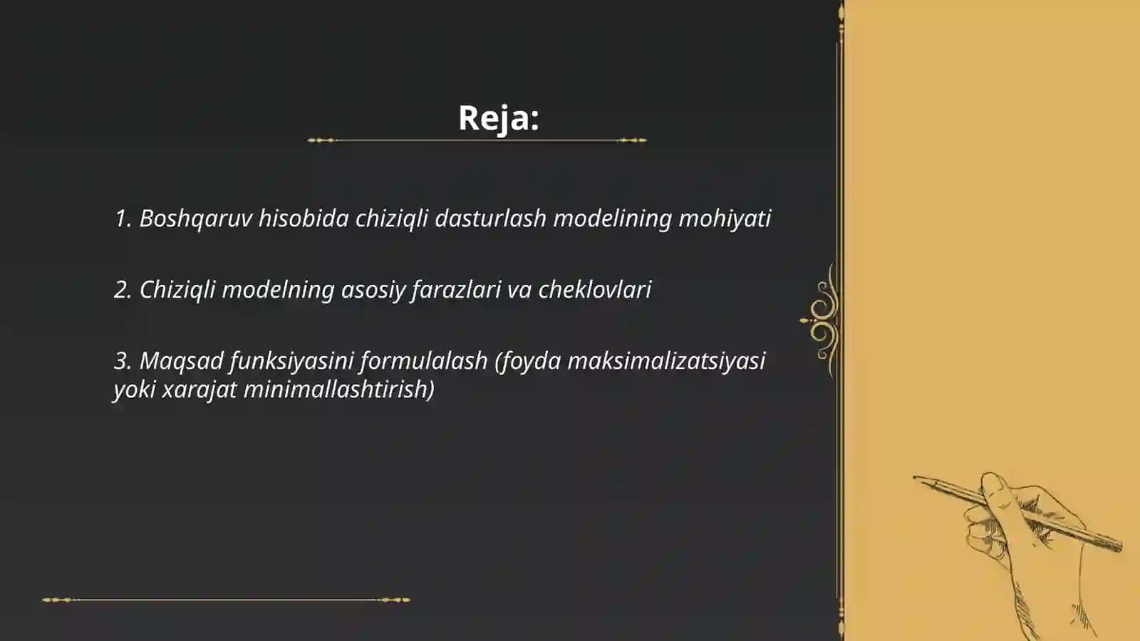 Boshqaruv hisobida chiziqli dasturlash modeli 2