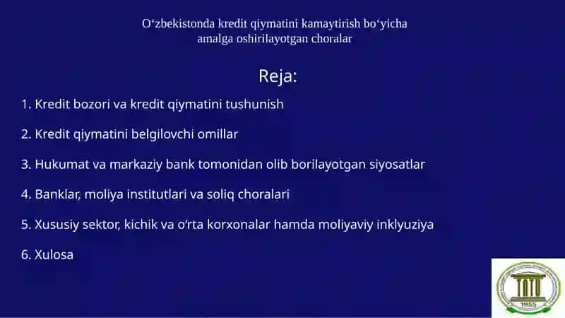 O‘zbekistonda kredit qiymatini kamaytirish bo‘yicha amalga oshirilayotgan choralar 2