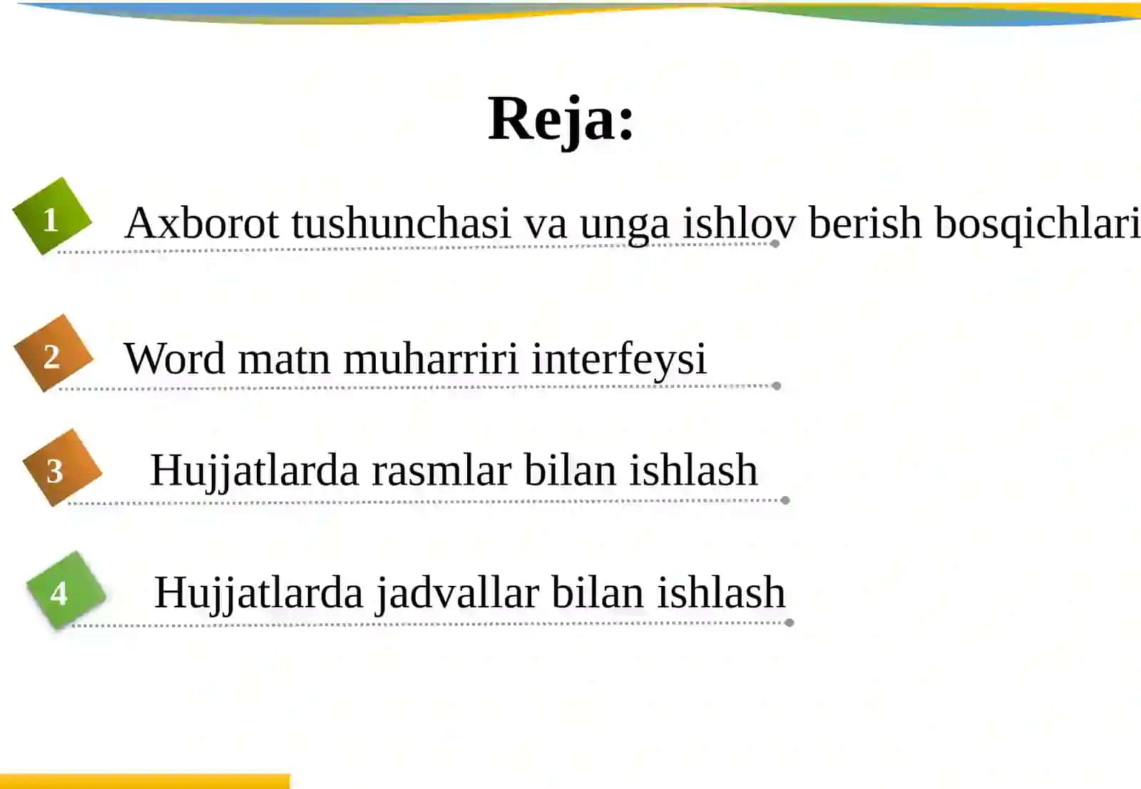 Axborotlarga ishlov berish, matnli hujjatlarni yaratish va qayta ishlash, ulardan foydalanish texnologiyalari 2
