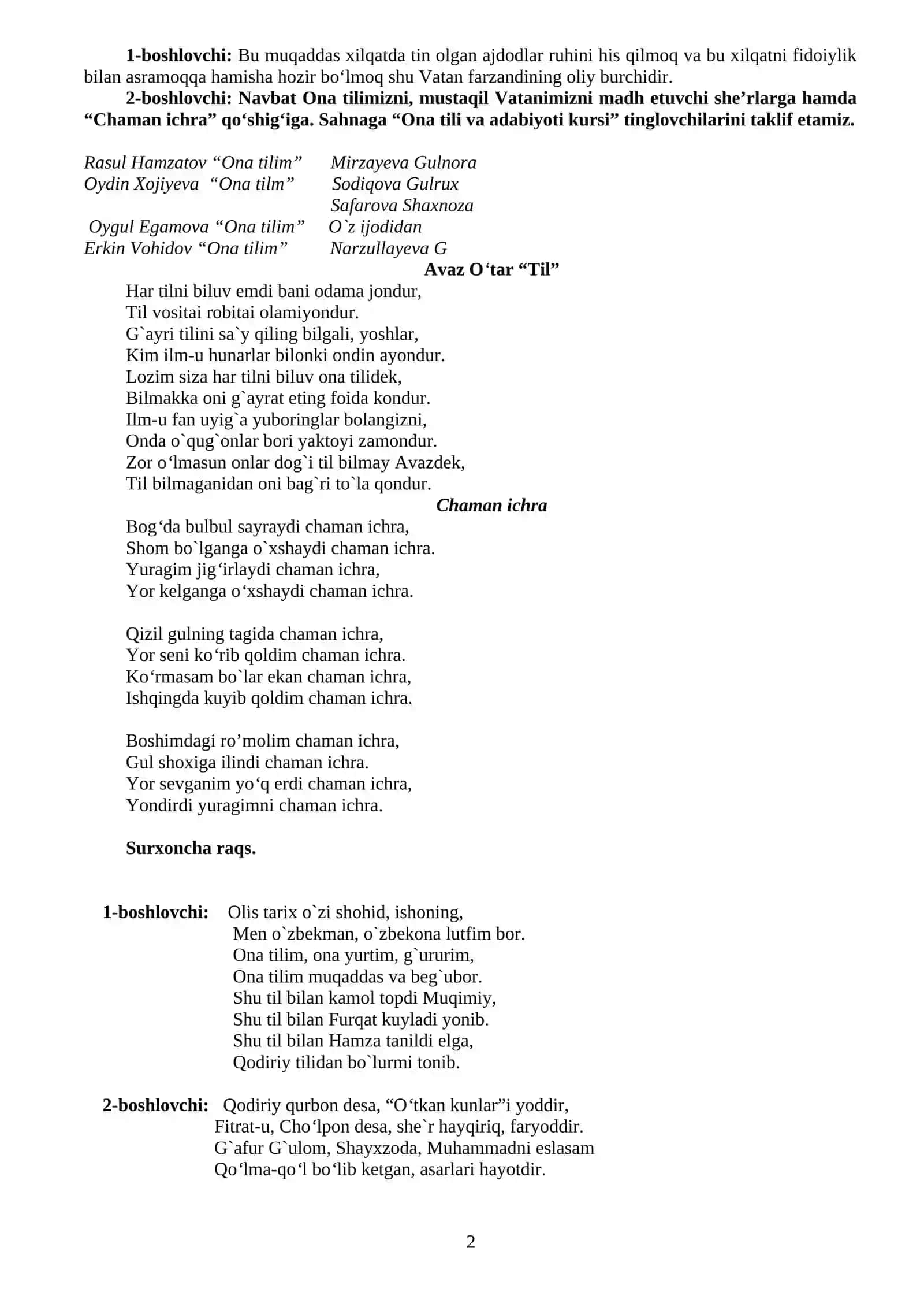 “Til bilgan - el bilar” mavzusidagi tadbir dasturi 2