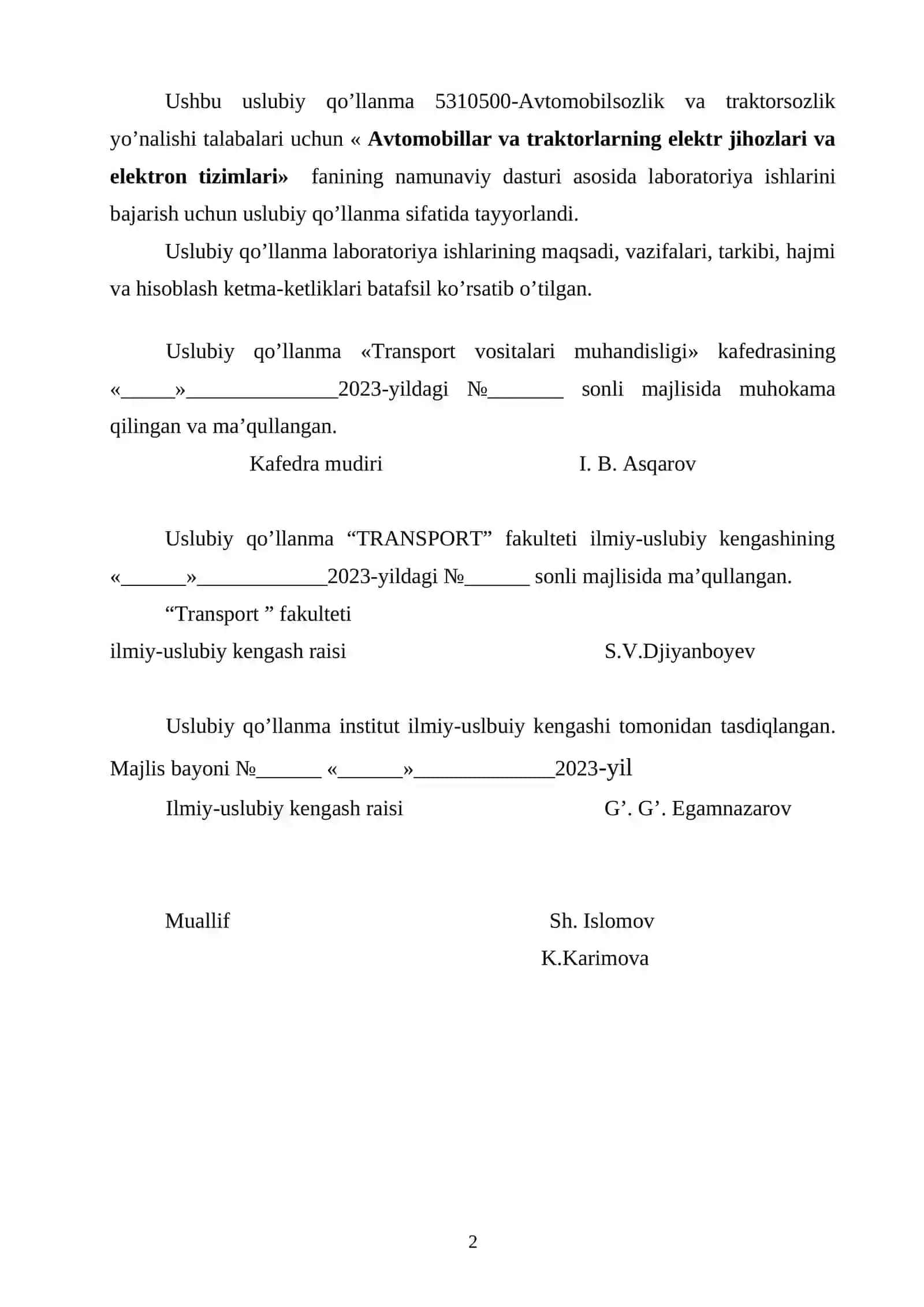 Uslubiy Qo'llanma 5310500-Avtomobilsozlik va traktorsozlik yo'nalishi talabalari uchun 2
