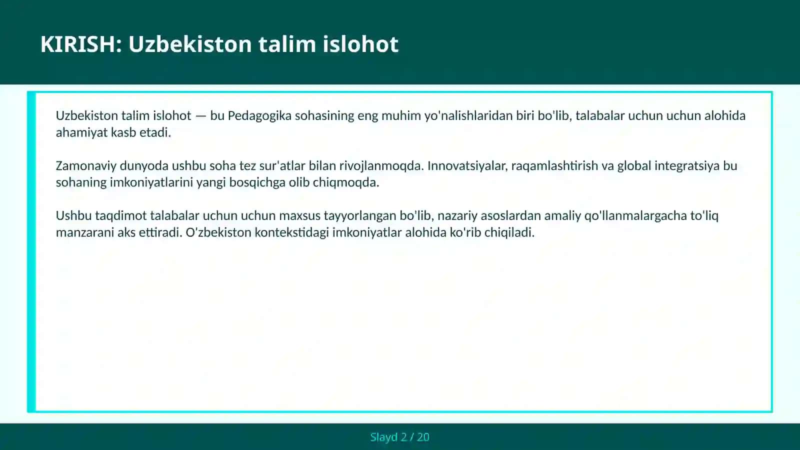 Uzbekiston talim islohot 2