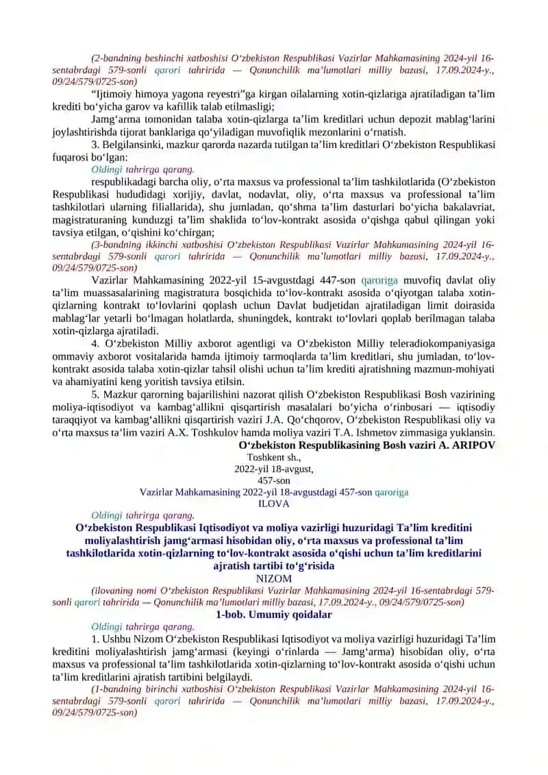 OLIY, O‘RTA MAXSUS VA PROFESSIONAL TA’LIM TASHKILOTLARIDA XOTIN-QIZLARNING TO‘LOV-KONTRAKT ASOSIDA TA’LIM OLISHI UCHUN TA’LIM KREDITLARI AJRATISHNI TARTIBGA SOLISH CHORA-TADBIRLARI TO‘G‘RISIDA 2
