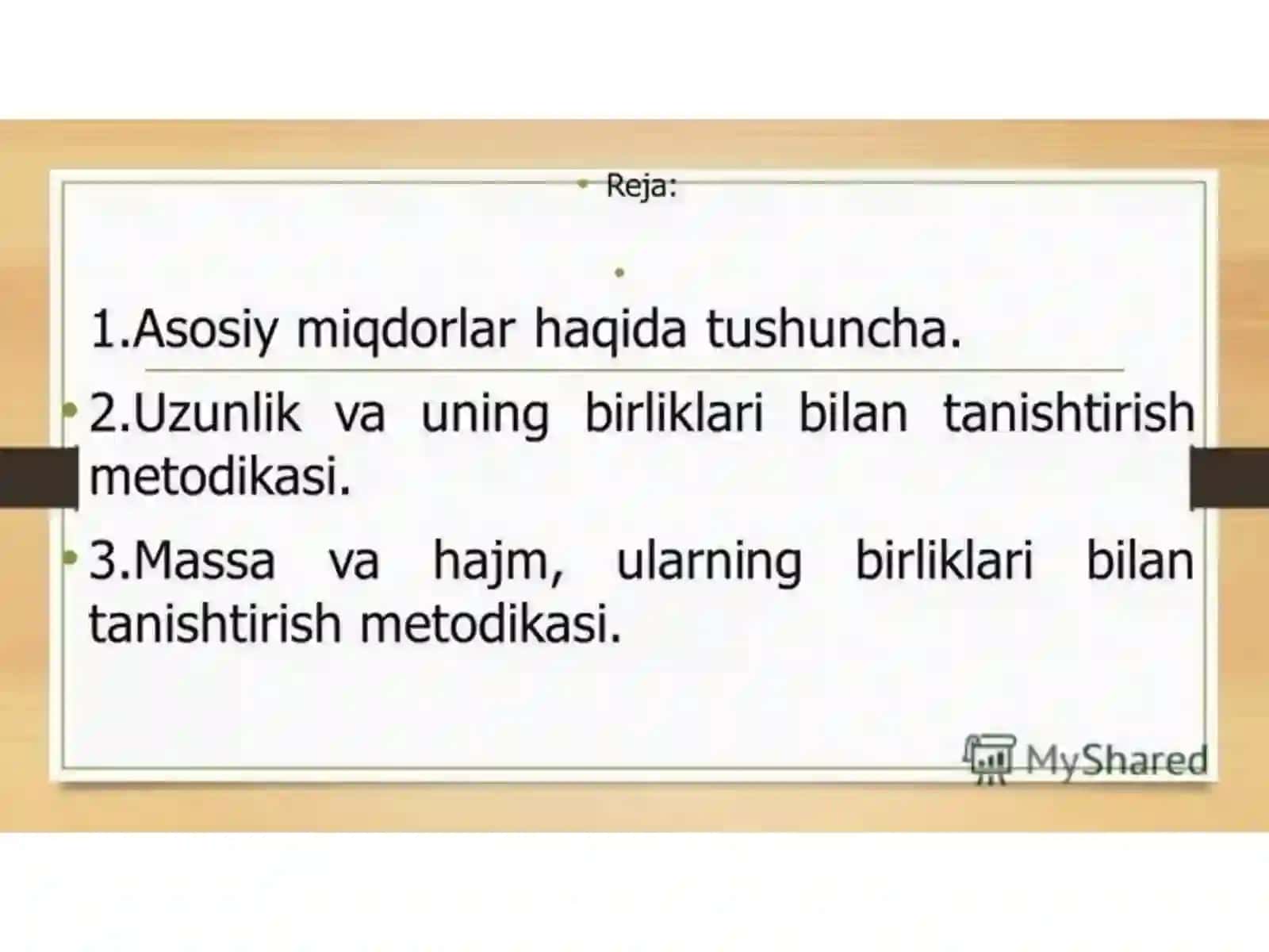 Miqdorlar va ularni o'lchash. Uzunlik va uning xossalari. Kesma uzuznligini o'lchash. Figuraning yuzi va uni o'lchash 2