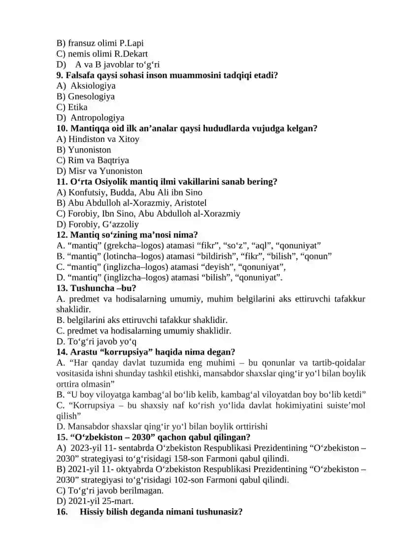 FALSAFA Fanidan Yakuniy Nazorat Savollari 2