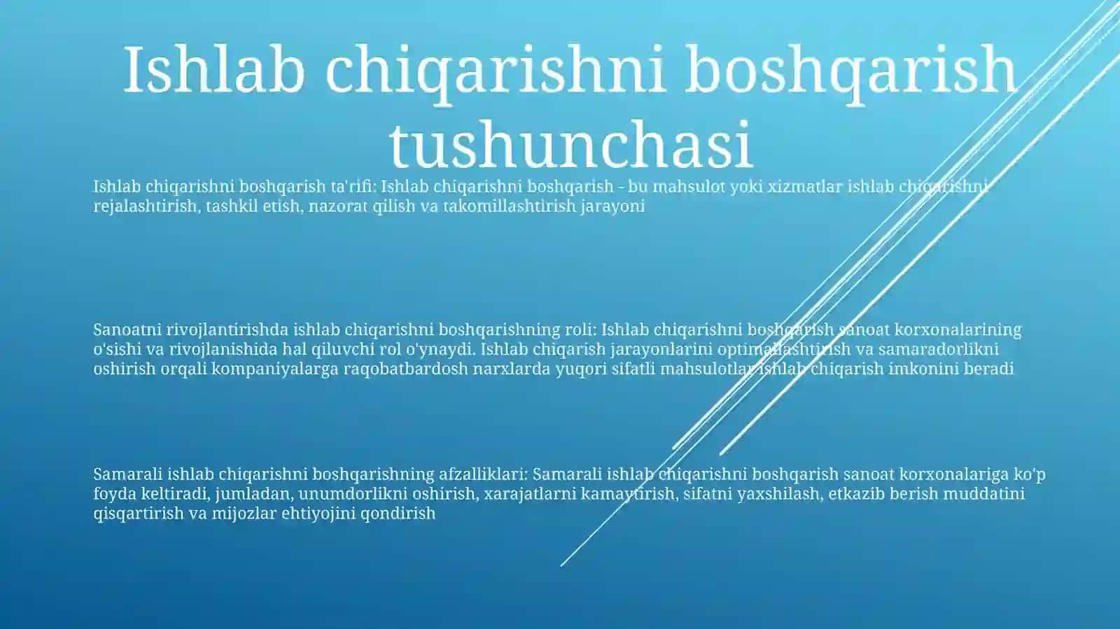 Ishlab Chiqarish Menejmentining Sanoat Korxonalari Rivojlanishidagi OʻRni 2