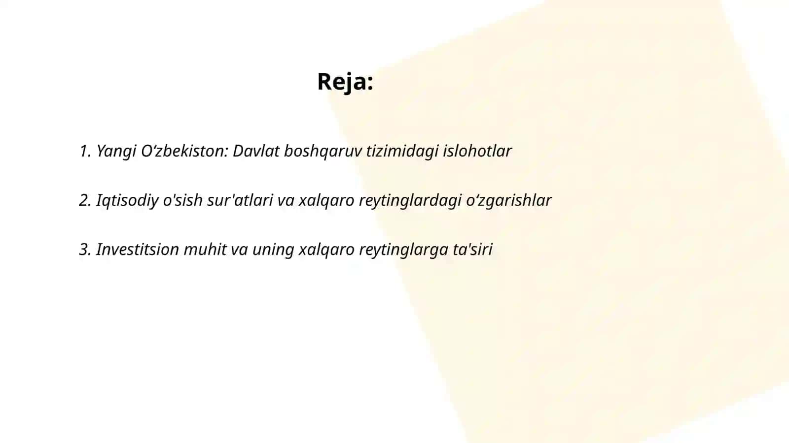 Yangi Oʻzbekiston ijtimoiy-iqtisodiy va madaniy hayotida roʻy berayotgan oʻzgarishlarning xalqaro reyting va indekislarda aks etishi 2