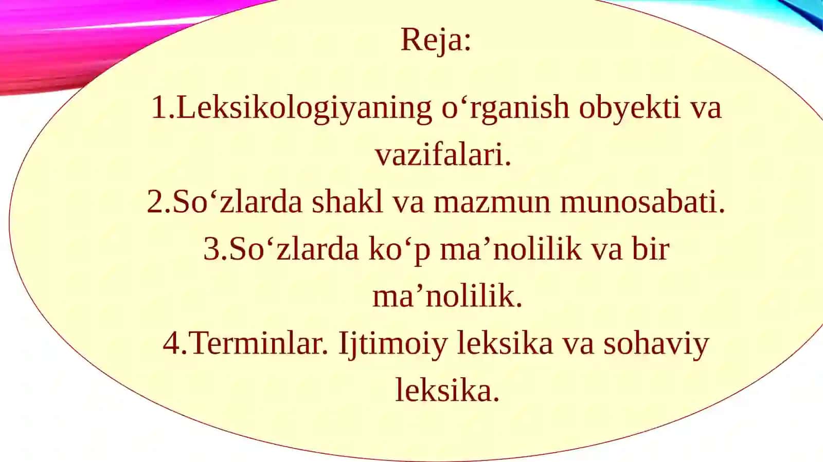 O‘zbek tilining leksik qatlamlari. So‘z – leksikologiyaning o‘rganish obyekti sifatida. So‘zlardagi bir ma’nolilik va ko‘p ma’nolilik. Ijtimoiy leksika. Sohaviy leksika. 2