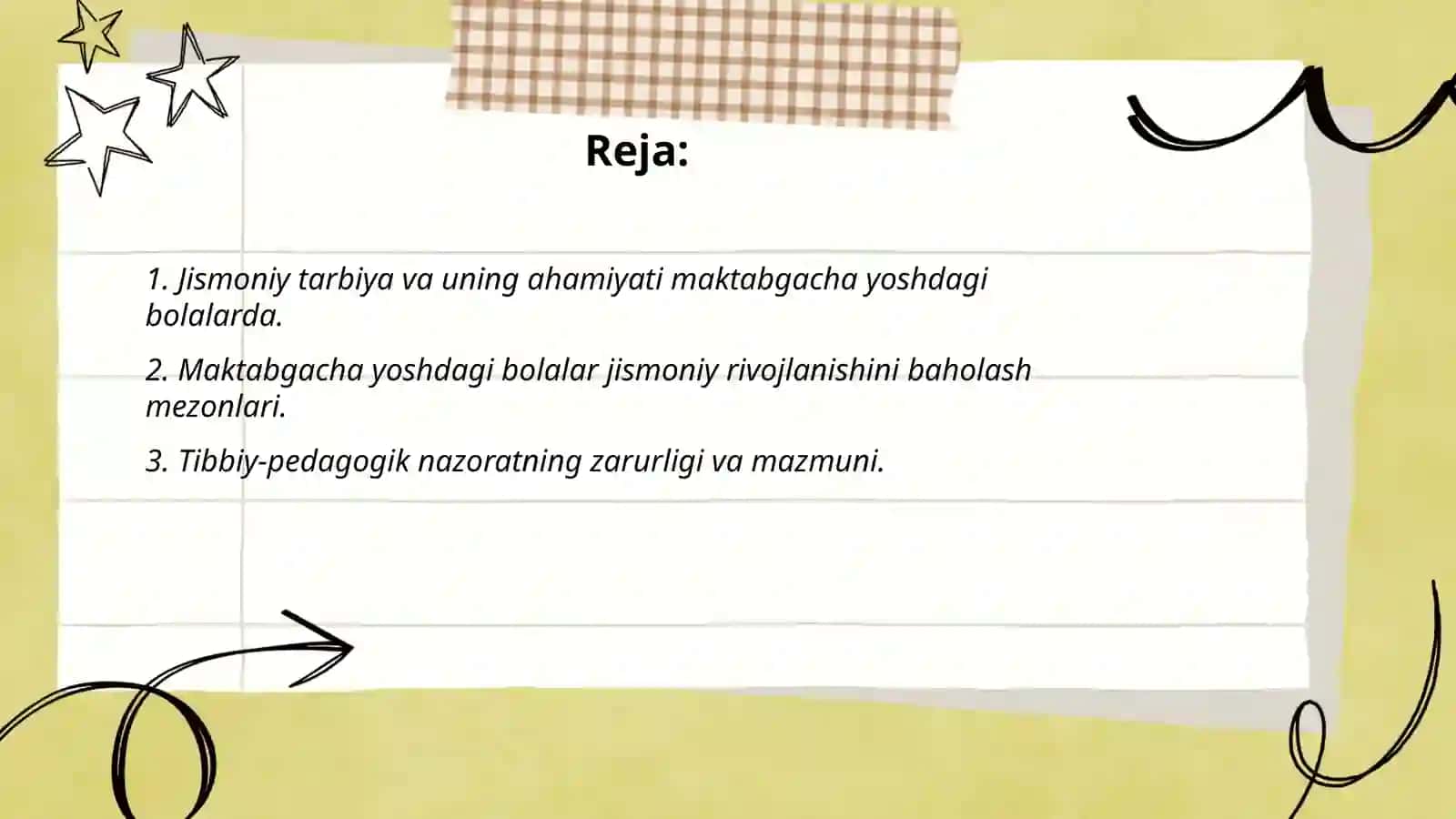 Jismoniy tarbiya maktabgacha yoshdagi bolalarni jismoniy rivojlanishi ustidan tibbiy-pedagogik nazoratni olib borish 2