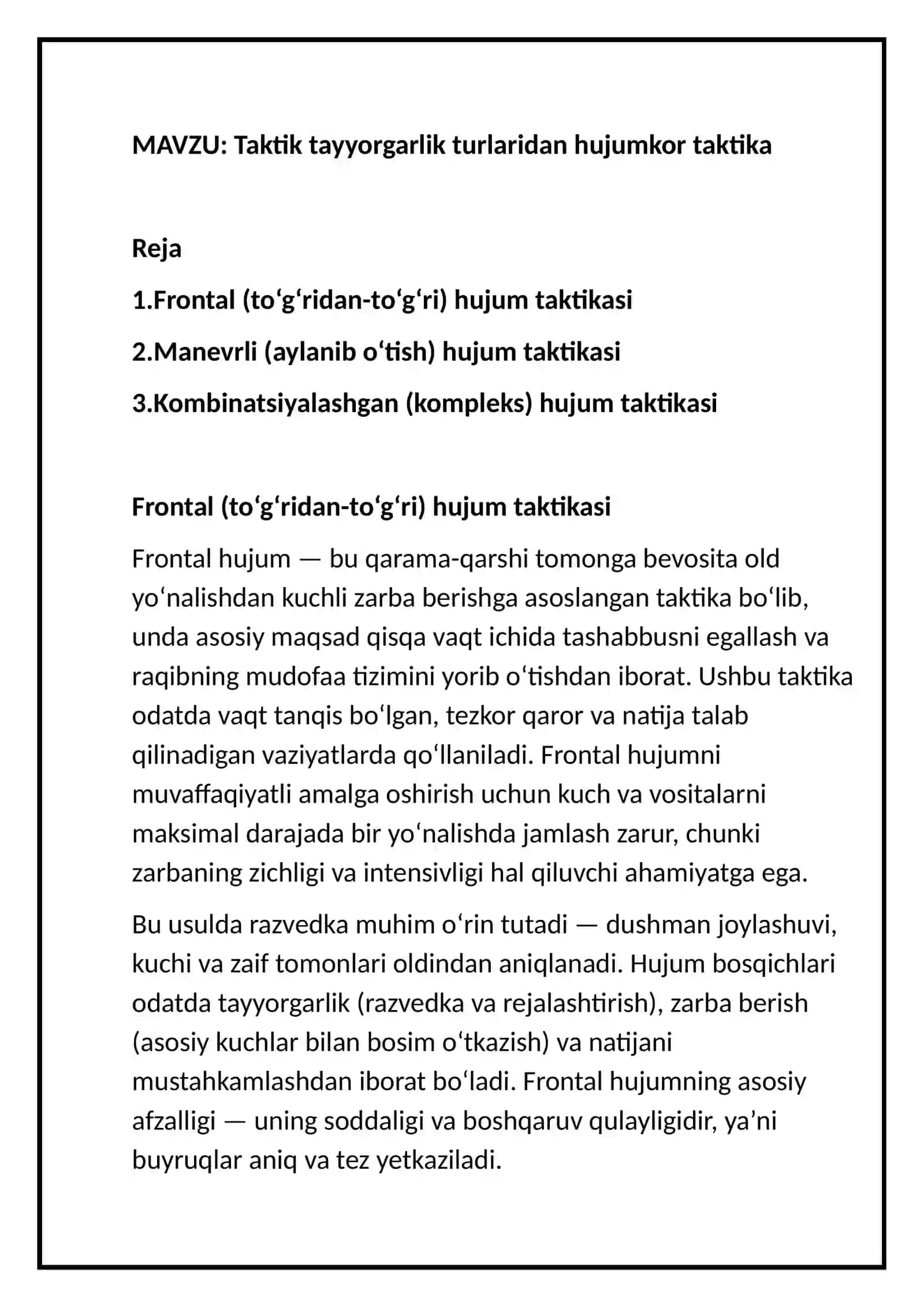 Taktik tayyorgarlik turlaridan hujumkor taktika 2