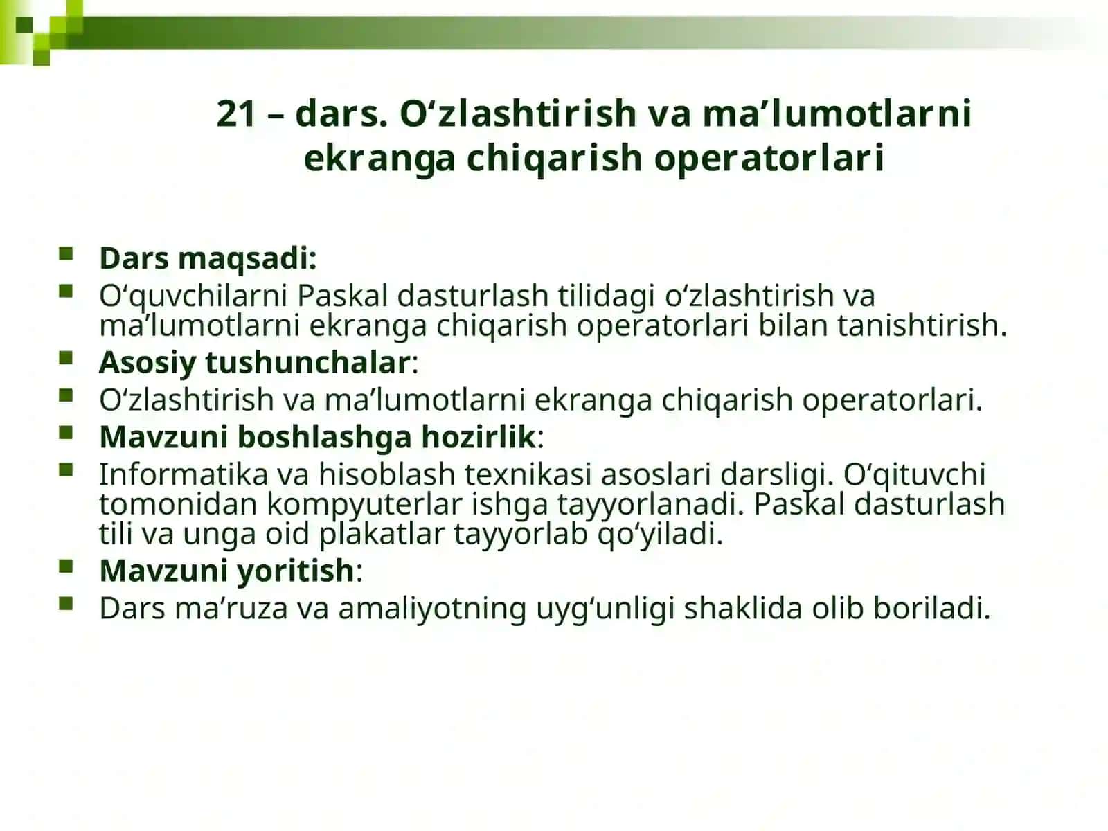 O’zlashtirish va ma’lumotlarni ekranga chiqarish operatorlari 2