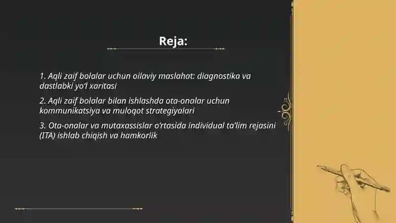 Aqli zaif bolalar va ularning ota-onalari bilan olib boriladigan maslahat va hamkorlik ishlari 2