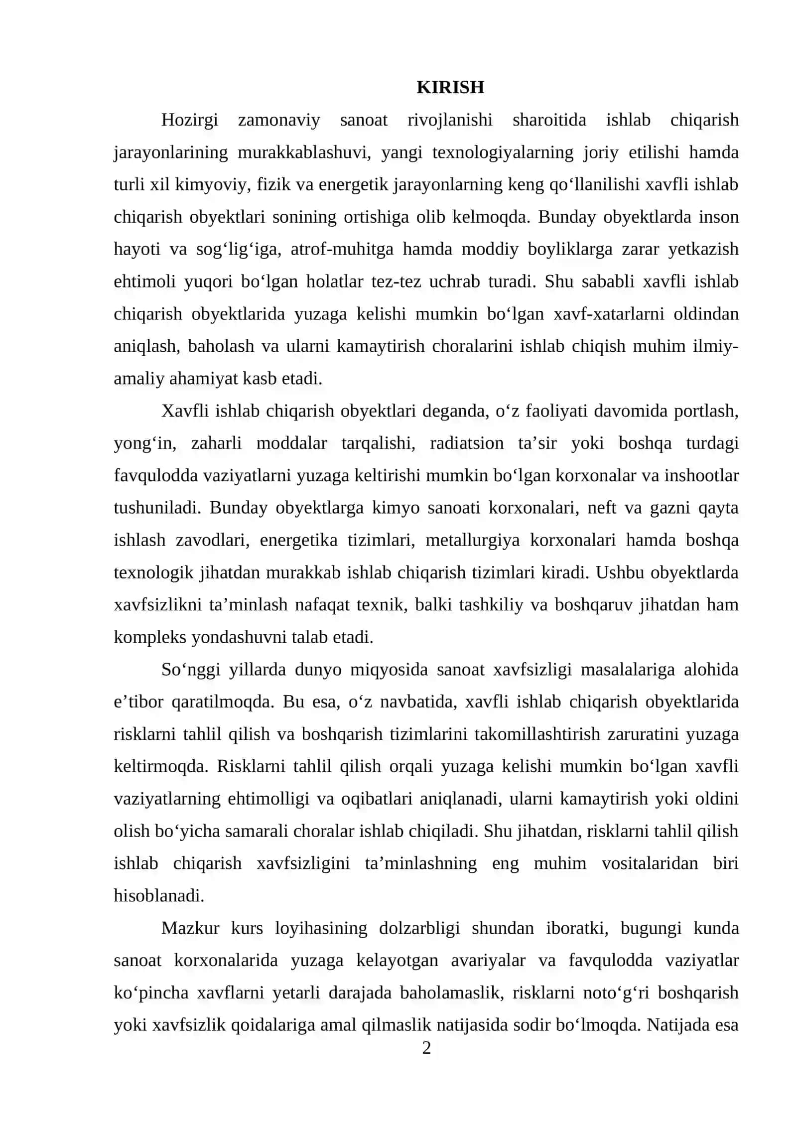 Xavfli ishlab chiqarish obyektlari risklarni tahlil qilish 2