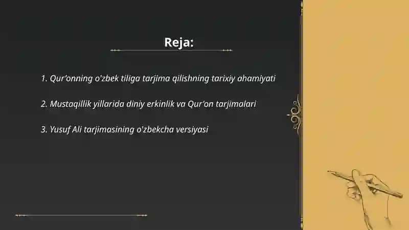 Mustaqillik yillarida quronning o'zbek tiliga tarjima qilishi va tariflari haqida taqdimot tayyorlash 2