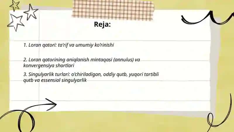 Funksiyalarni Loran qatoriga yoyish. Qutbga nisbatan funksiyaning chegirmasini topish 2