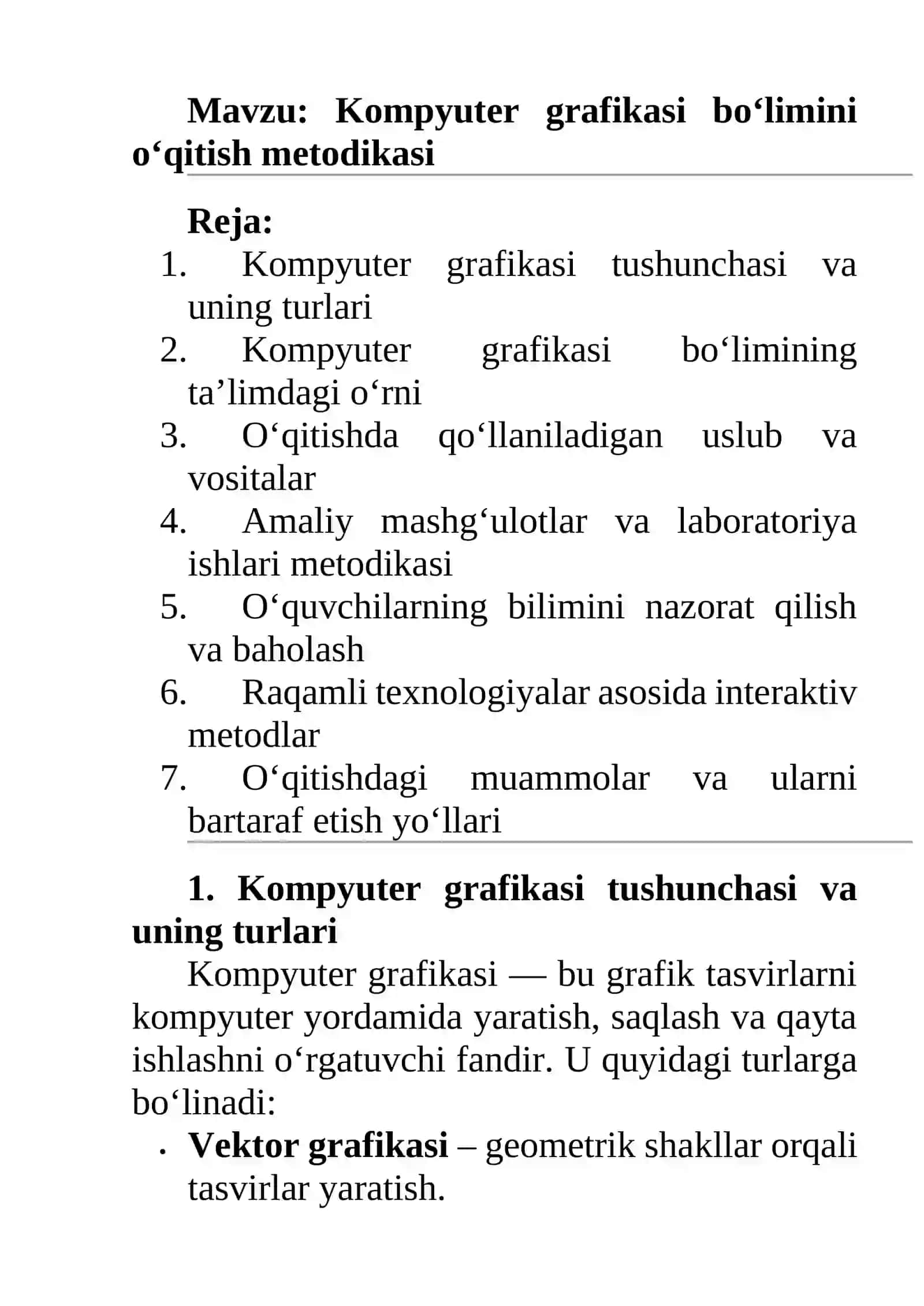 Kompyuter grafikasi bo‘limini o‘qitish metodikasi 2