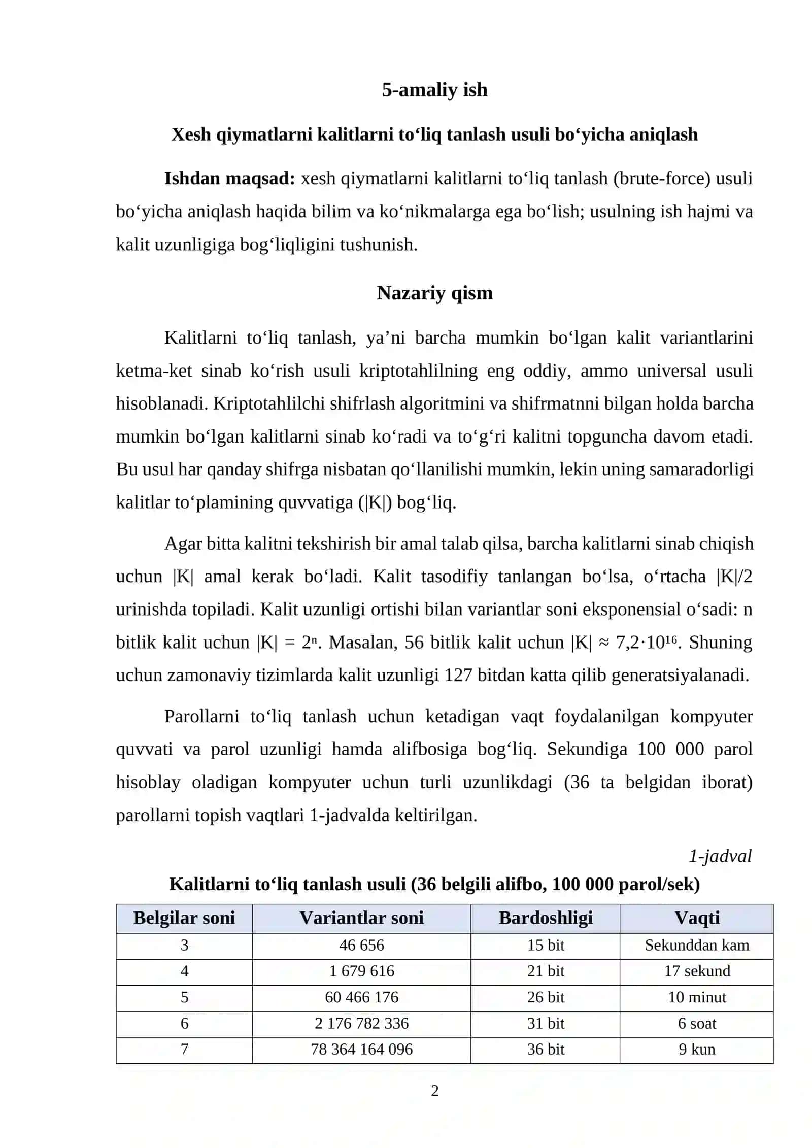 Xesh qiymatlarni kalitlarni to‘liq tanlash usuli bo‘yicha aniqlash 2