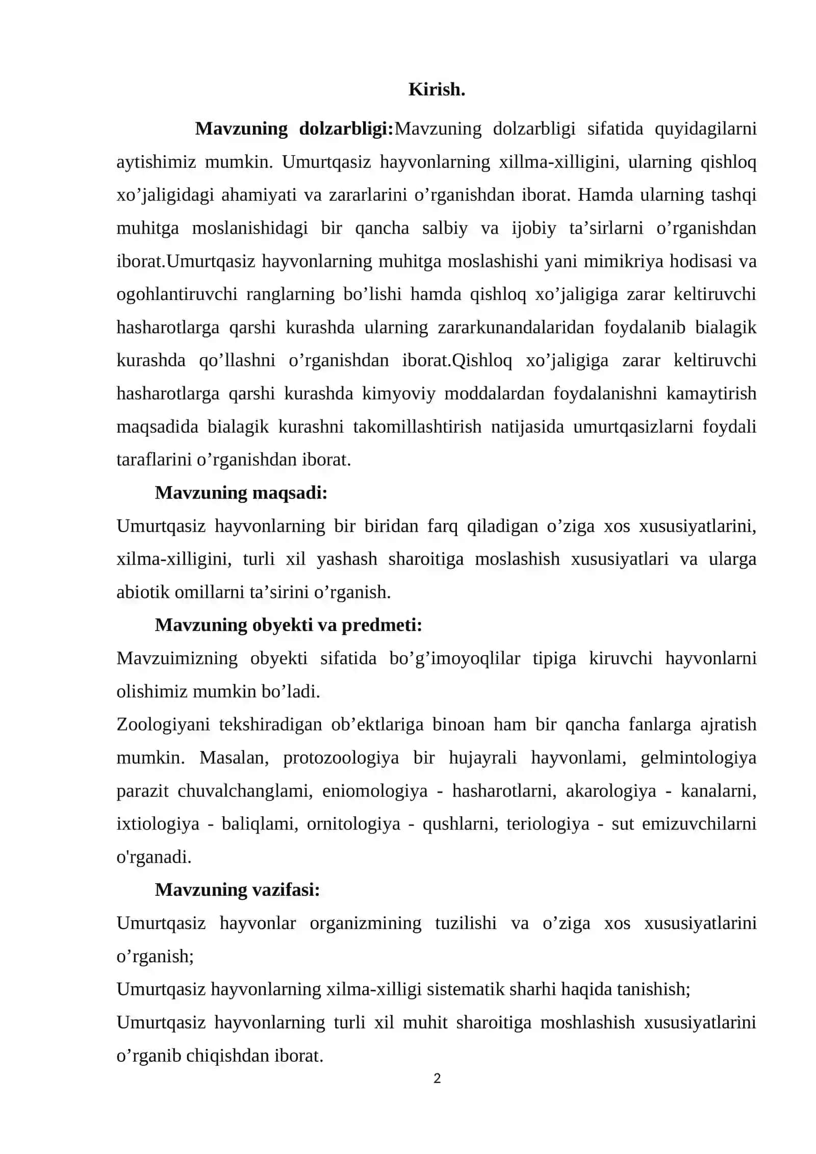 KURS ISHI Umurtqasiz hayvonlarni xilma-xilligi turli xil muhitda yashashga moslashganligi natijasi 2