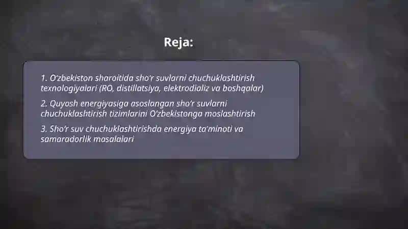 Oʻzbekiston sharoitida sho‘r suvlarni chuchuklashtirish g‘oyasini yaratish 2