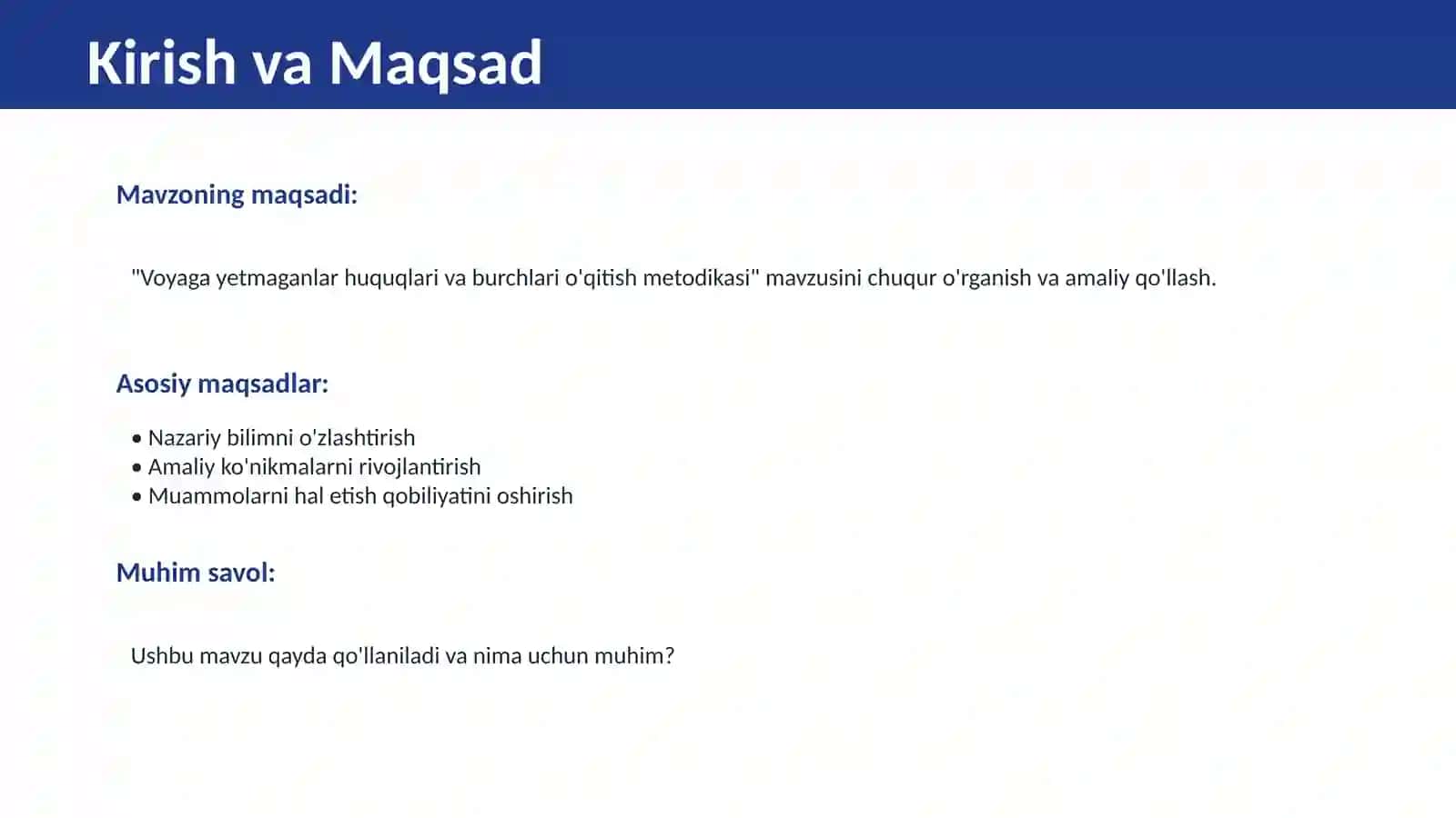 Voyaga yetmaganlar huquqlari va burchlari o'qitish metodikasi 2
