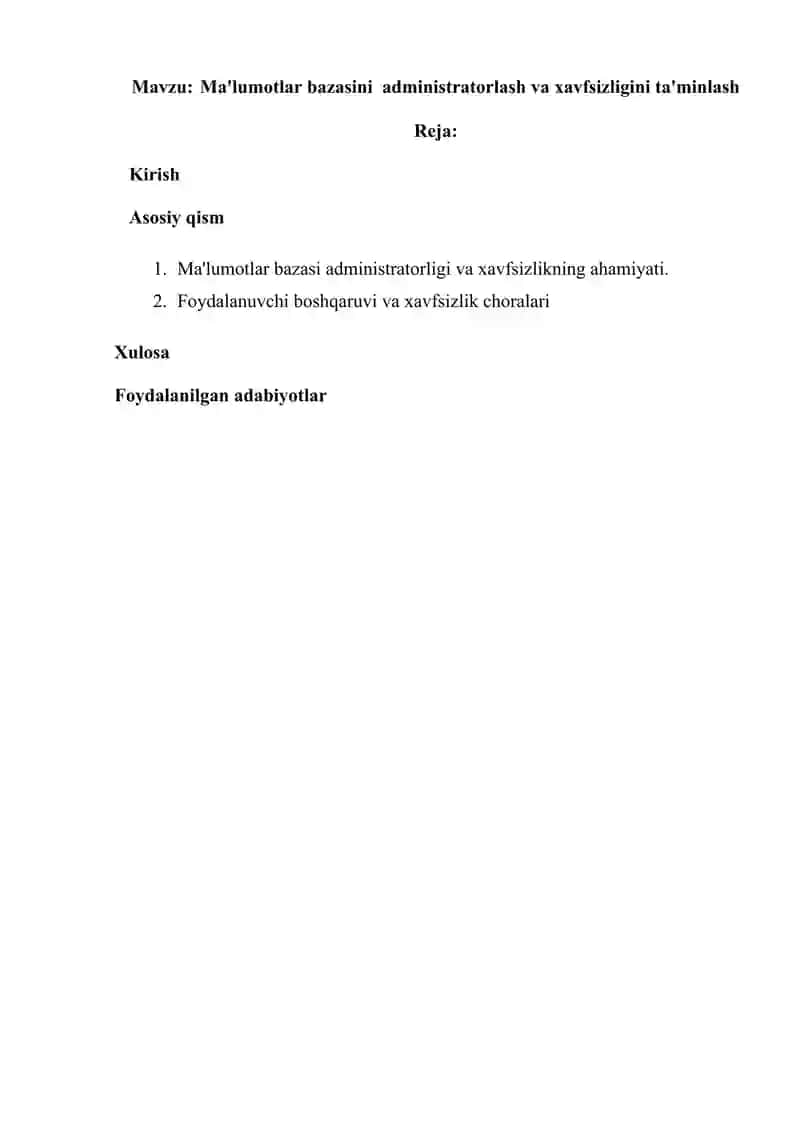 Ma'lumotlar bazasini administratorlash va xavfsizligini ta'minlash 2