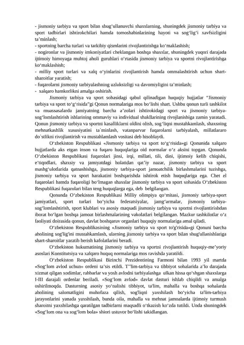 O‘ZBEKISTON RESPUBLIKASIDA MUSTAQILLIK YILLARIDA JISMONIY TARBIYA VA SPORT (1991 – hozirgi davrgacha) 2